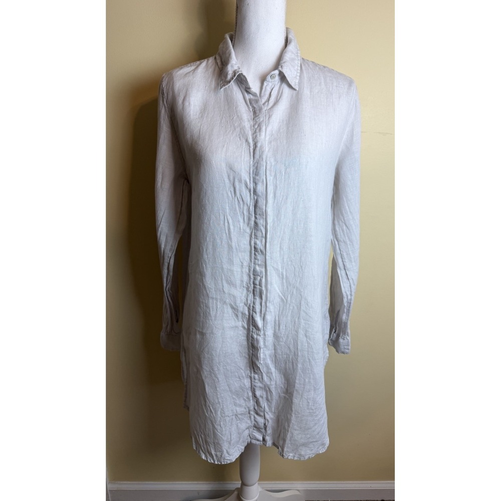 Tahari Shirt Women's Size M 100% Linen Tunic Top  Roll Tab Sleeve Lagenlook